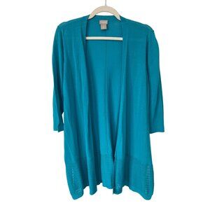 Chicos Cardigan Sweater Size Small Open Front 3/4 Sleeve Blue Teal Knitwear Cozy